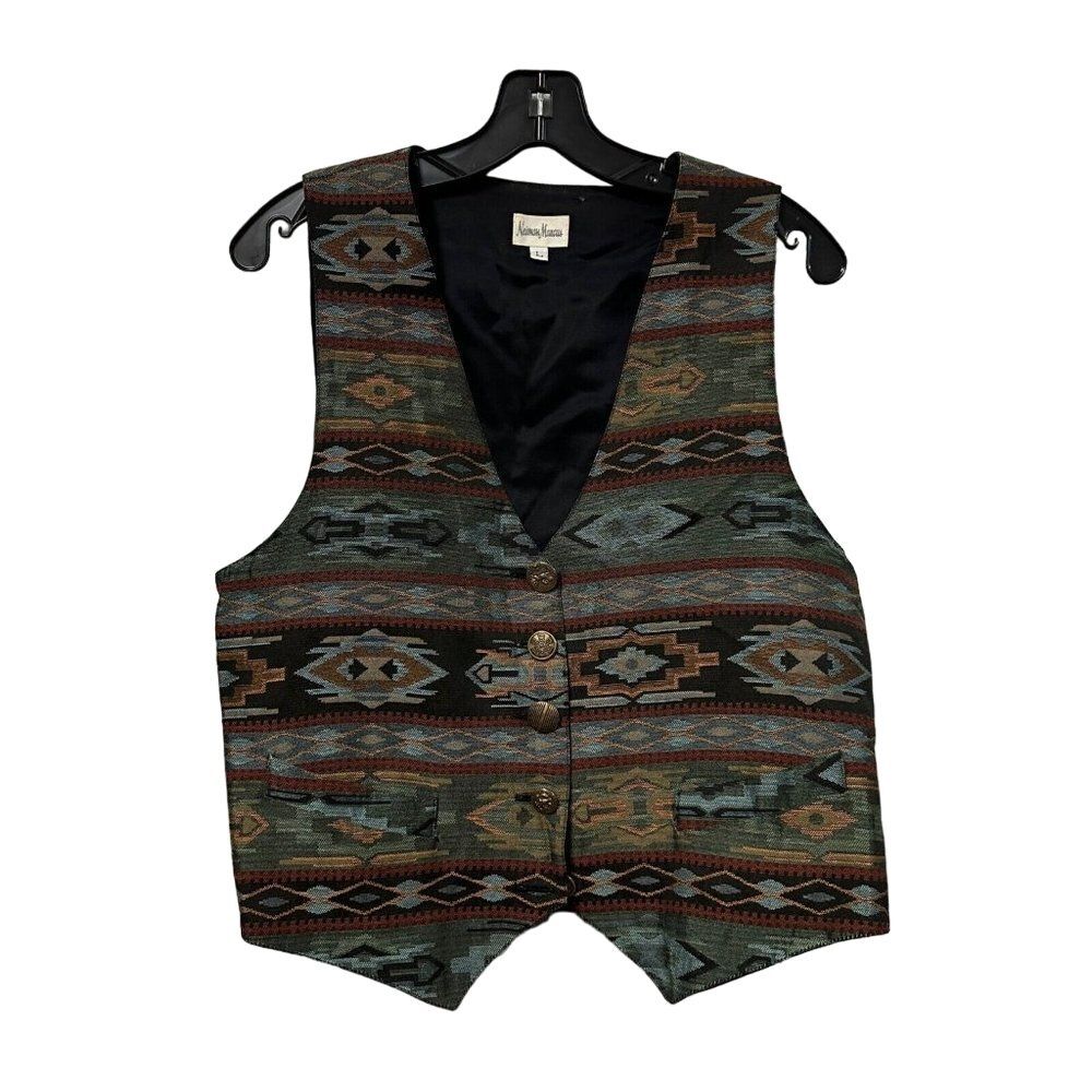 Vintage Neiman Marcus Southwest Vest Unisex L USA Brass‎ tone buttons Western